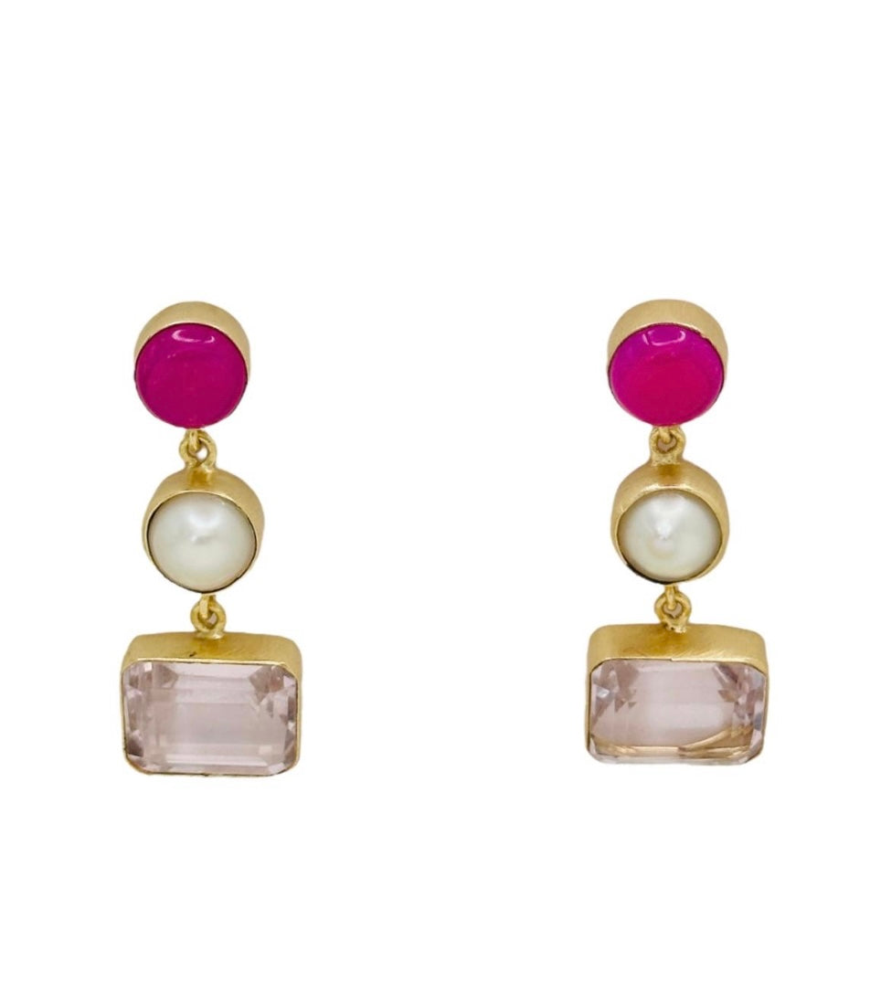 Pink Quartz Fresh Pearls Earring - 18K Gold Plated