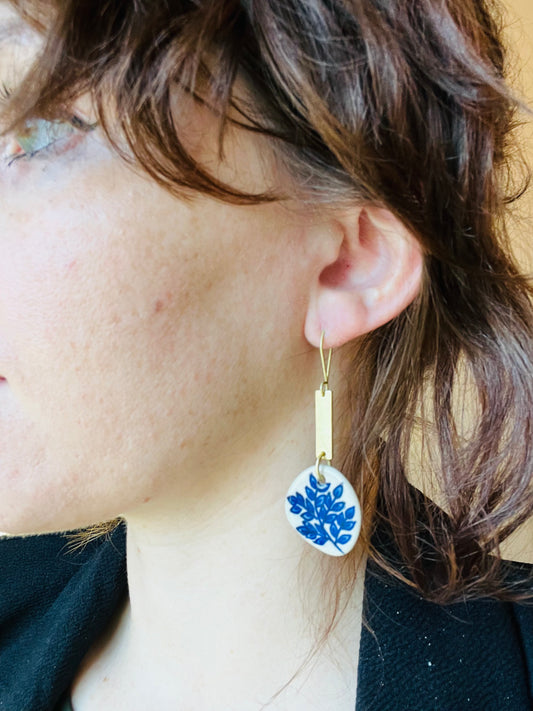 Hand Painted Ceramic and Gold Dangle Earrings