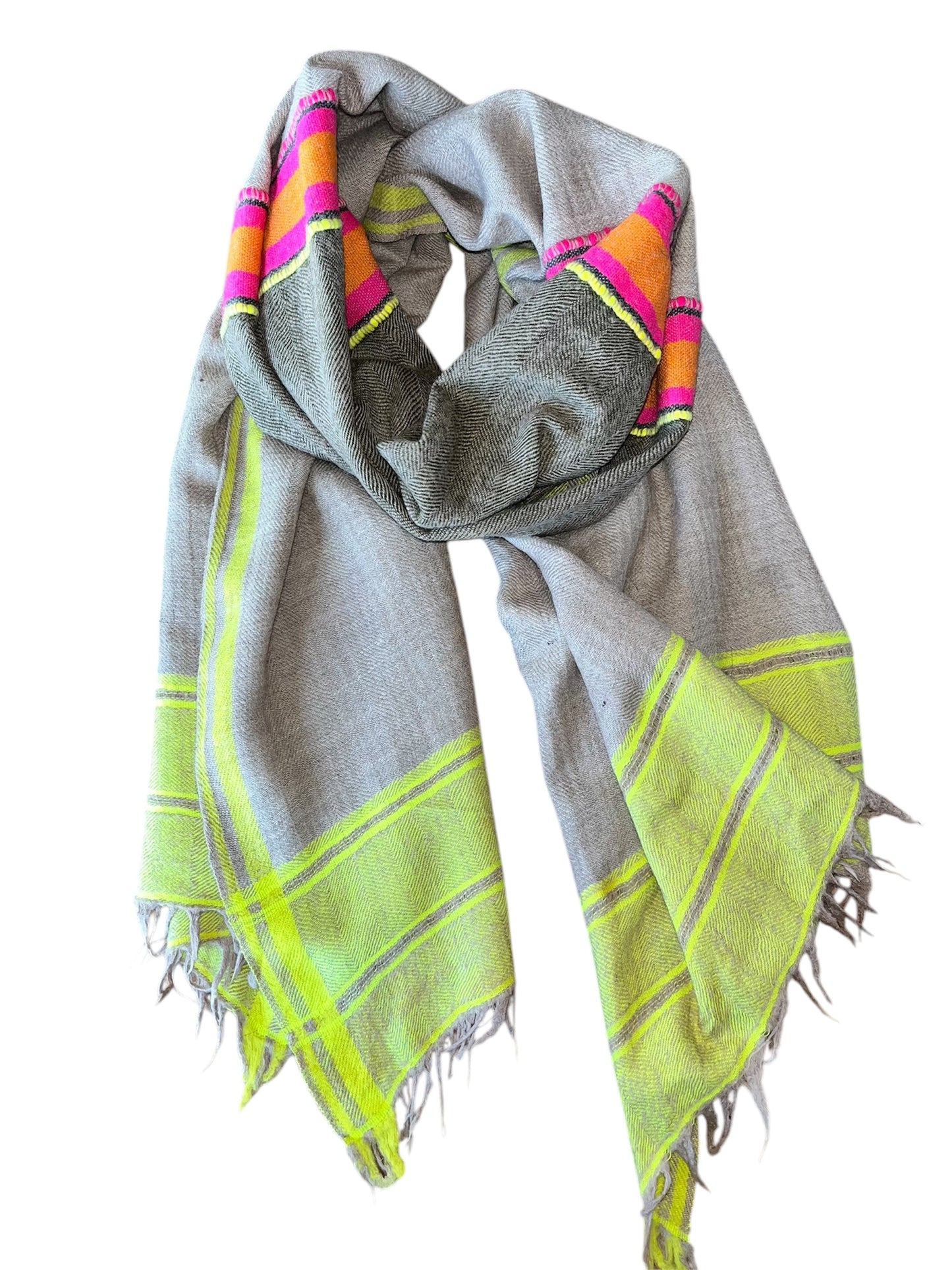 Brown Beige with Bold Pink Stripes with Neon Yellow Linework - Pashmina Cashmere Scarf