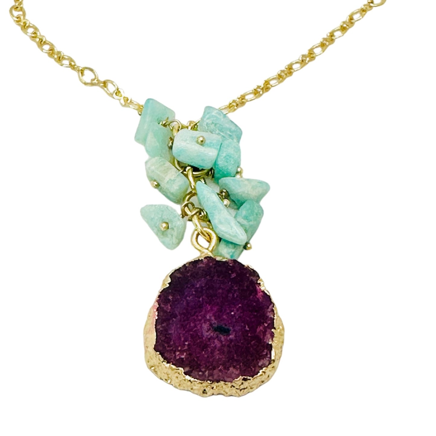 Pink Solar Quartz & Jade Green Stone Pendant Necklace - 18K Gold Plated
