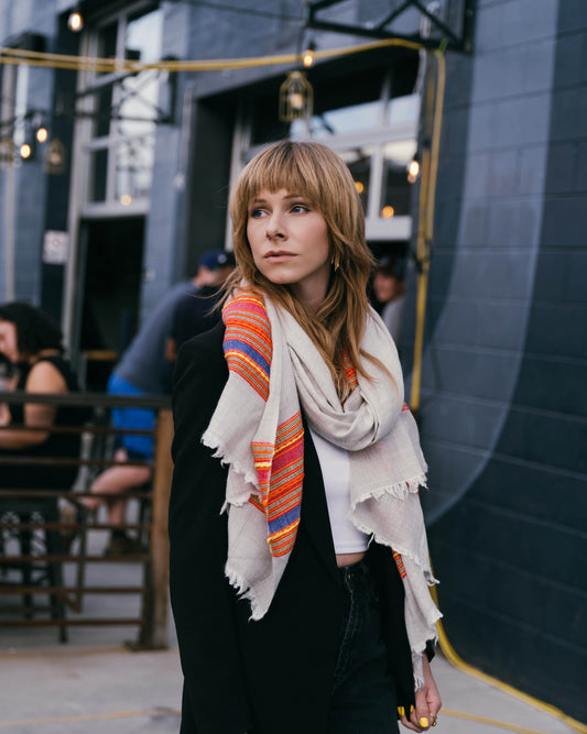 Beige Thick Pink Multi-Band Handloom Woven - Pashmina Cashmere Scarf