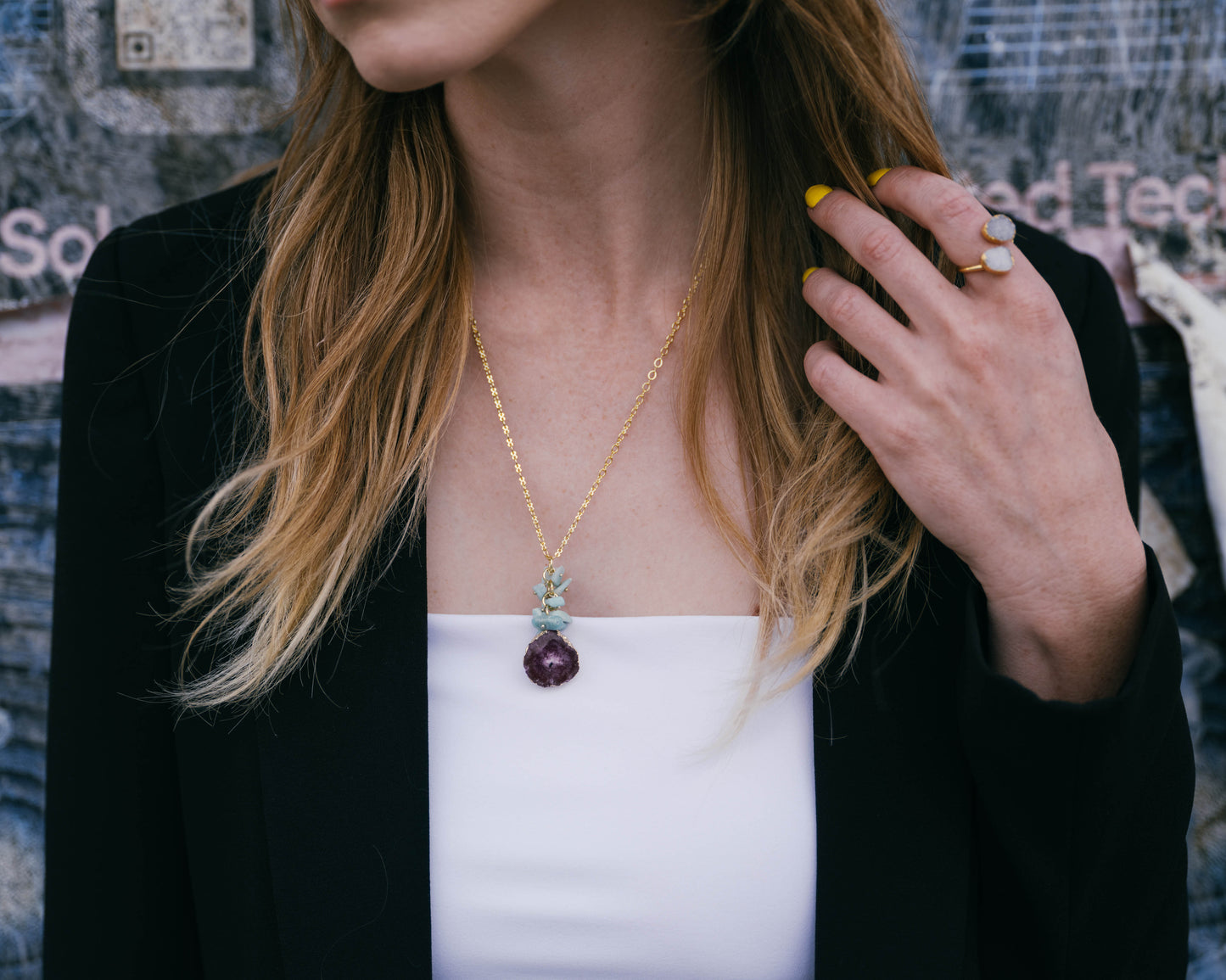 Pink Solar Quartz & Jade Green Stone Pendant Necklace - 18K Gold Plated