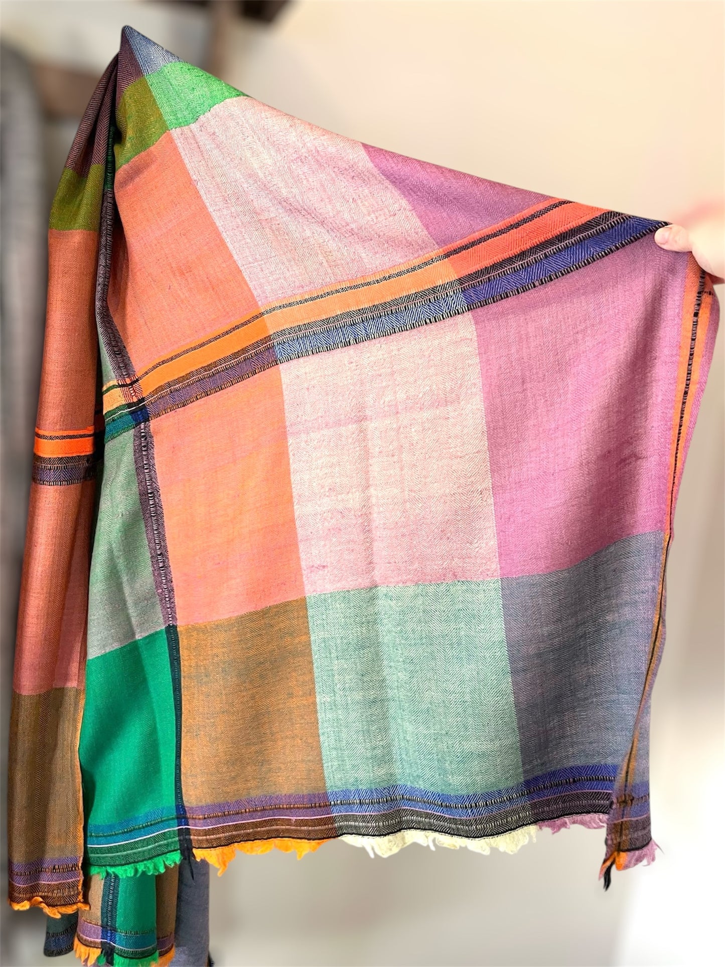 Bright Color Block Handloom Woven - Pashmina Wool Blend Cashmere Scarf