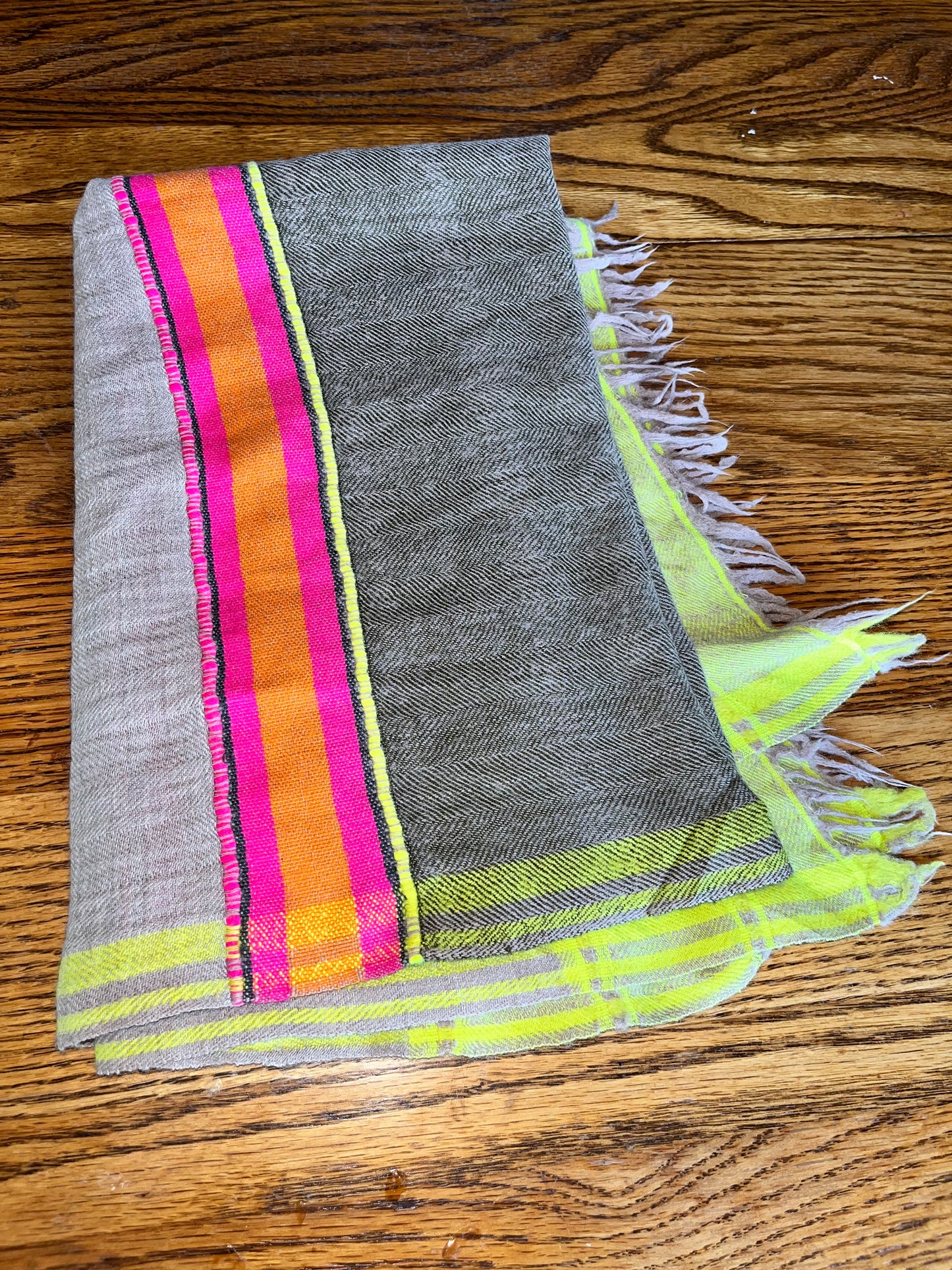 Brown Beige with Bold Pink Stripes with Neon Yellow Linework - Pashmina Cashmere Scarf