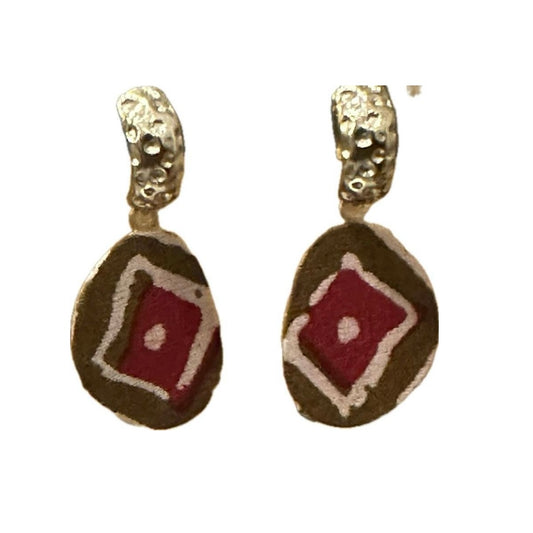 Half hoop Printed Red Fabric Dangle Gold Stud Earrings