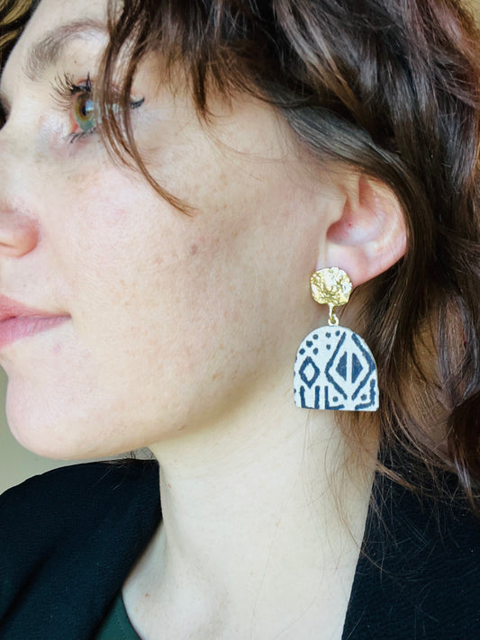 B&W Printed Fabric Dangle Gold Earrings