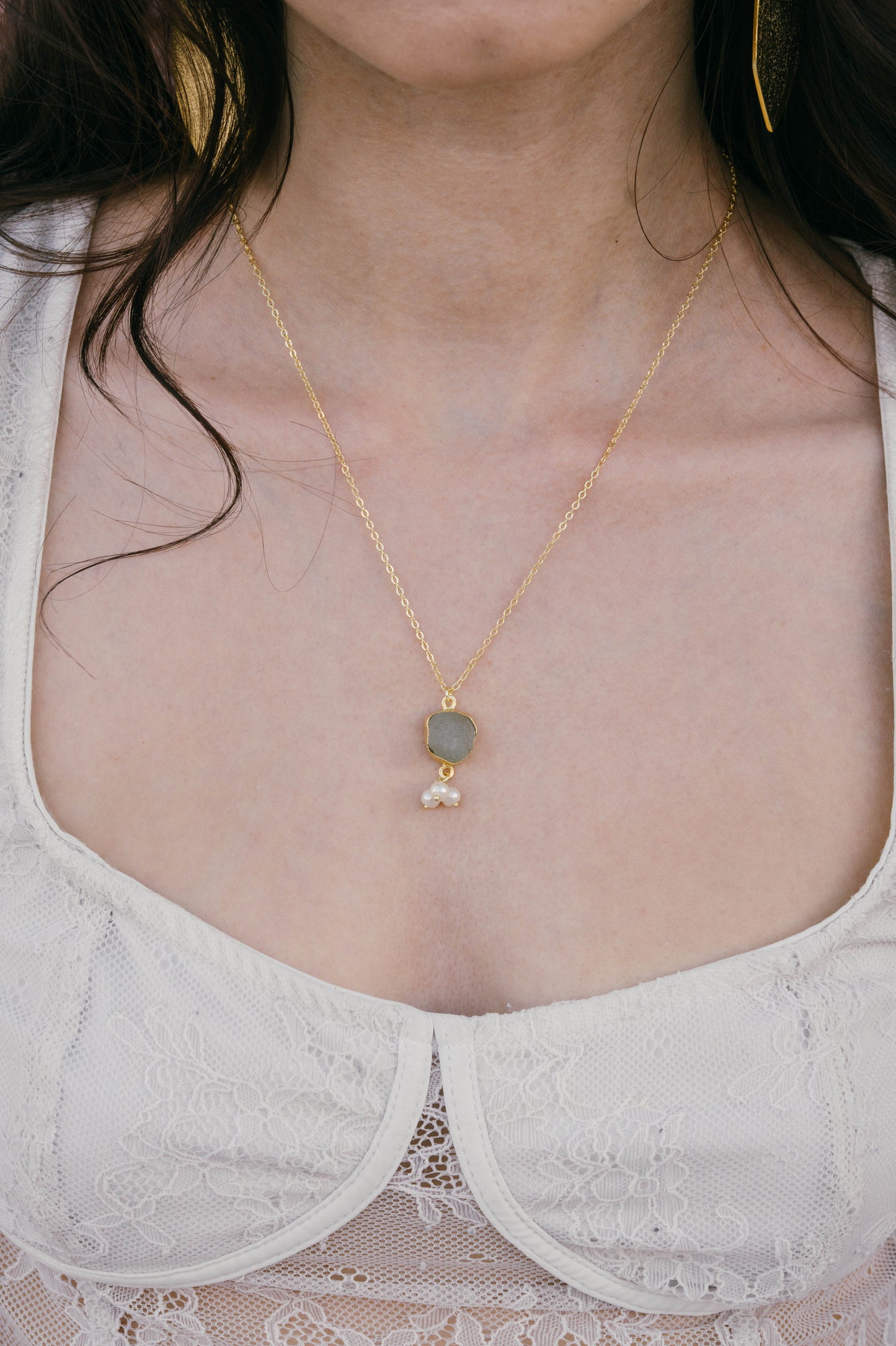 Green Adventurine & Pearl Necklace 18K Gold Plated