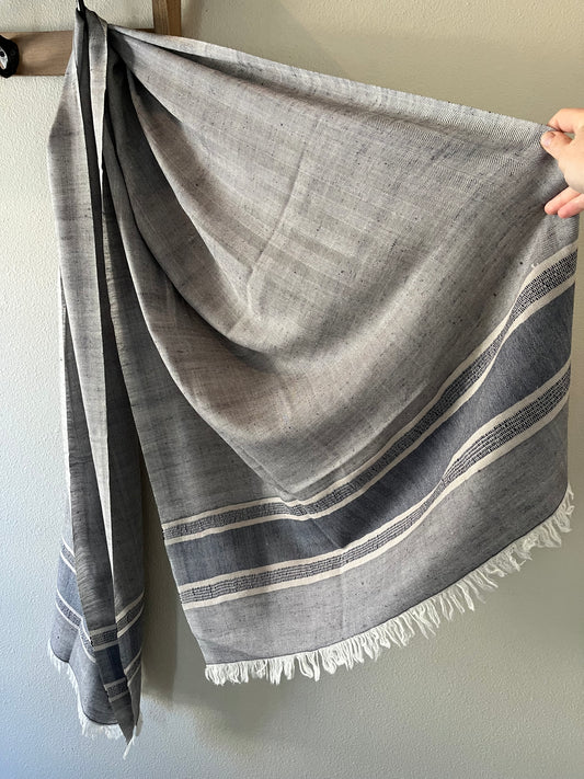 Grey Handwoven with Navy Block Linework - Pashmina Cashmere Scarf