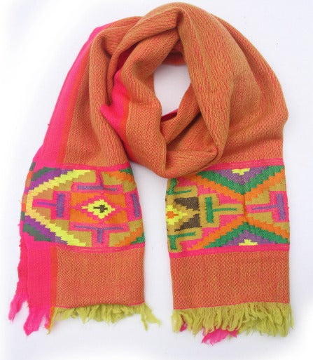 Vibrant Orange & Pink with Block Textile Woven - Yak Wool Scarf