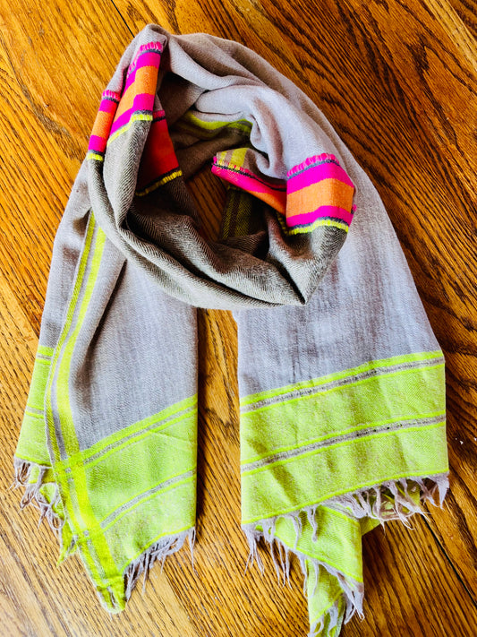 Brown Beige with Bold Pink Stripes with Neon Yellow Linework - Pashmina Cashmere Scarf