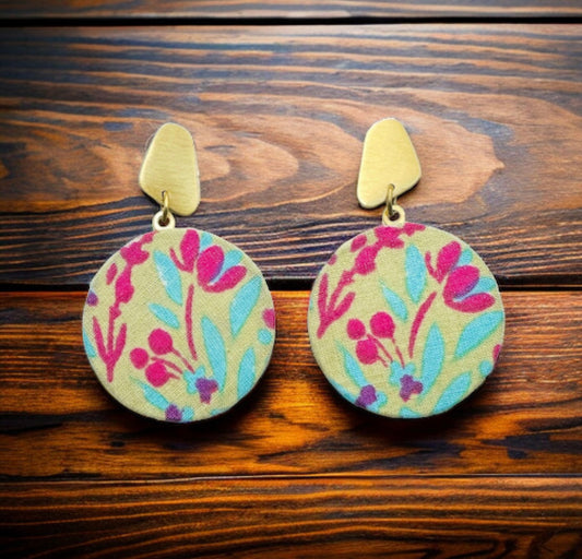 Printed Fabric Disc Dangle Gold Earrings