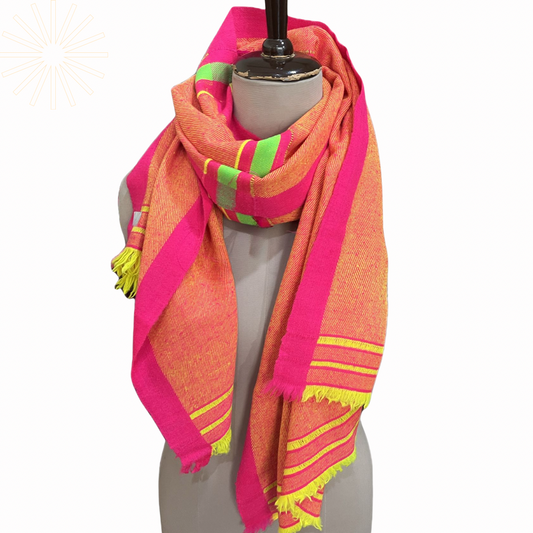 Vibrant Orange Pink with Bold Lime Green Linework - Pashmina Cashmere Scarf