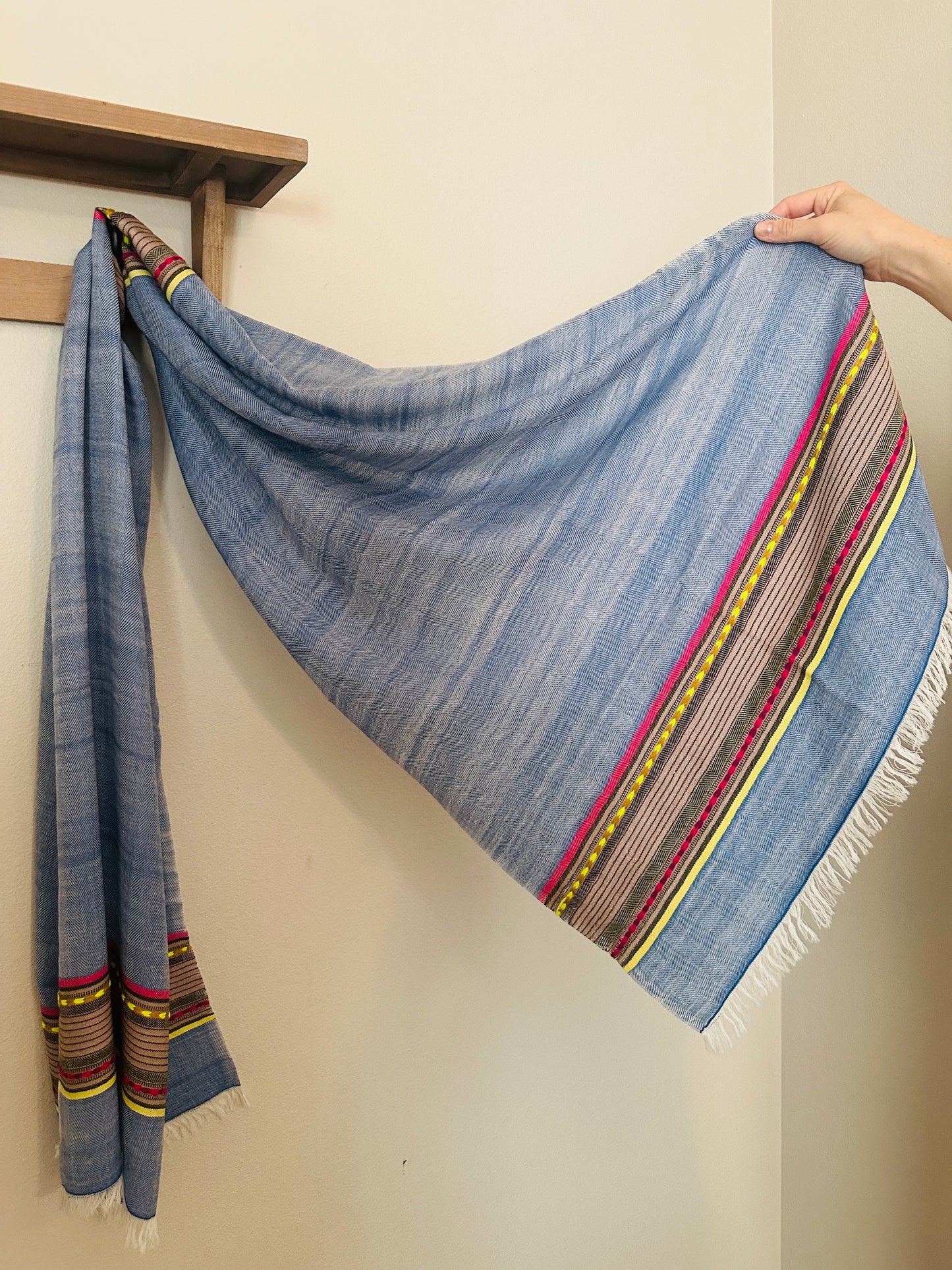 Light Blue with Multi-Stripe Handloom Woven - Pashmina Wool Blend Cashmere Scarf