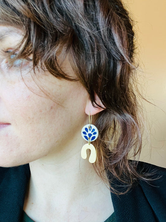 Lunar Embrace - Hand-painted Blue Delft and Gold Modern Dangle Earrings