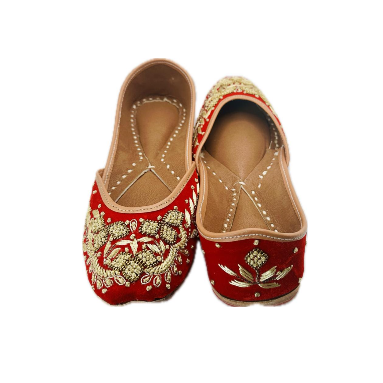 Step in Style: Handcrafted Flat Jutti Shoes with Red and Golden
