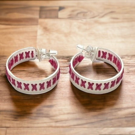 Whispering Threads - Pink Embroidered Silver Hoop Earring
