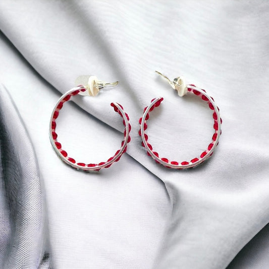 Whispering Threads - Pink Embroidered Silver Hoop Earring