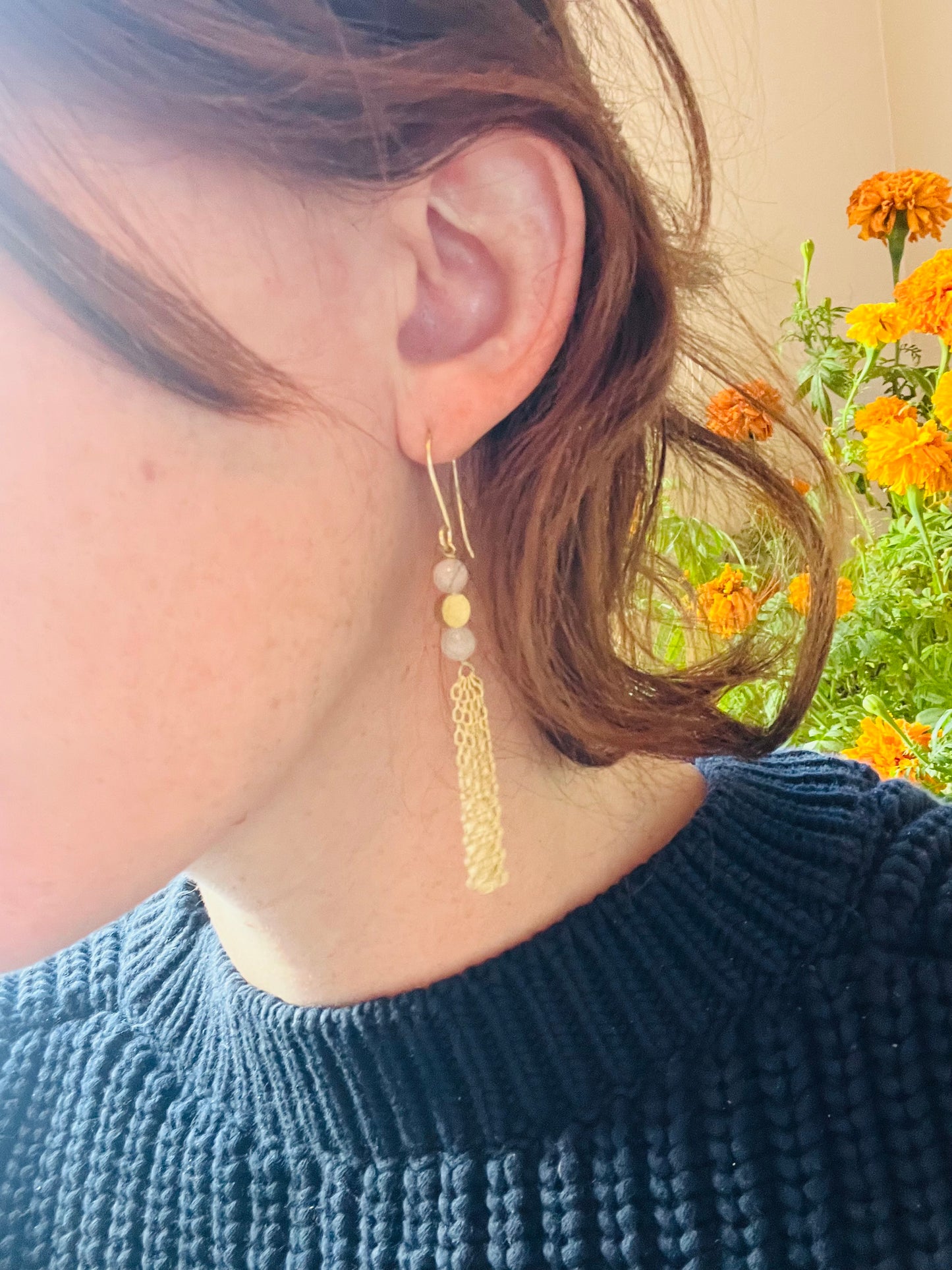 White Stone Chain Dangle Earrings