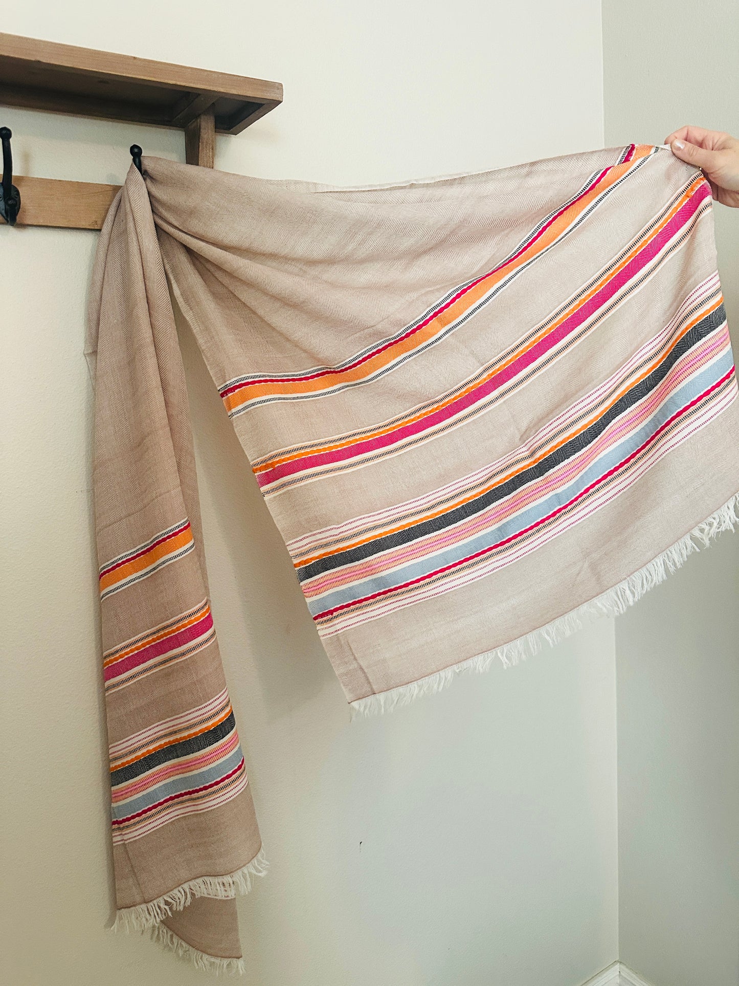 Vibrant Pink Muti-Stripe Handloom Woven - Pashmina Wool Blend Cashmere Scarf