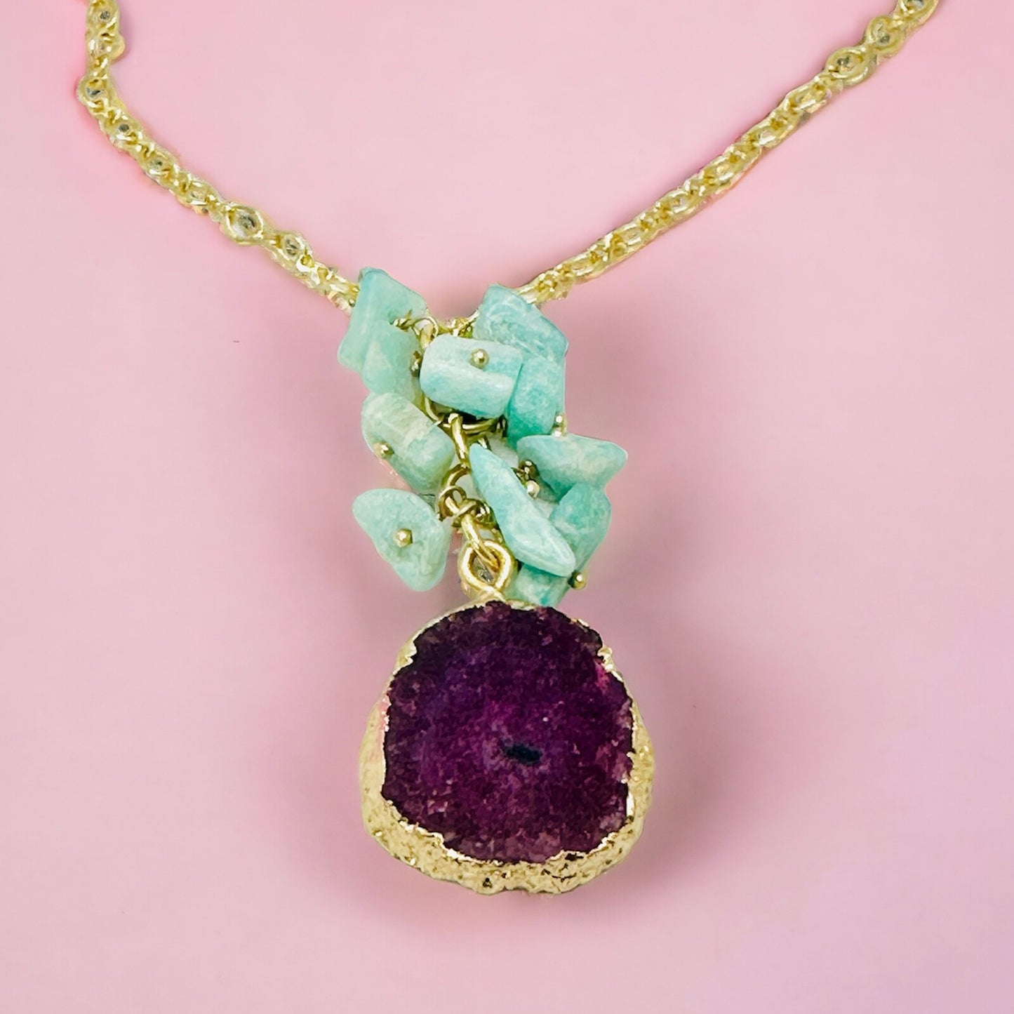 Pink Solar Quartz & Jade Green Stone Pendant Necklace - 18K Gold Plated