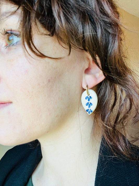 Blue Delft Ceramic Leaf Dangle Gold Earrings