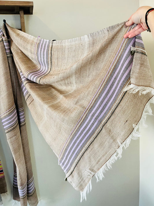 Light Purple Stripe on Mauve Beige Handloom Woven - Pashmina Cashmere Scarf