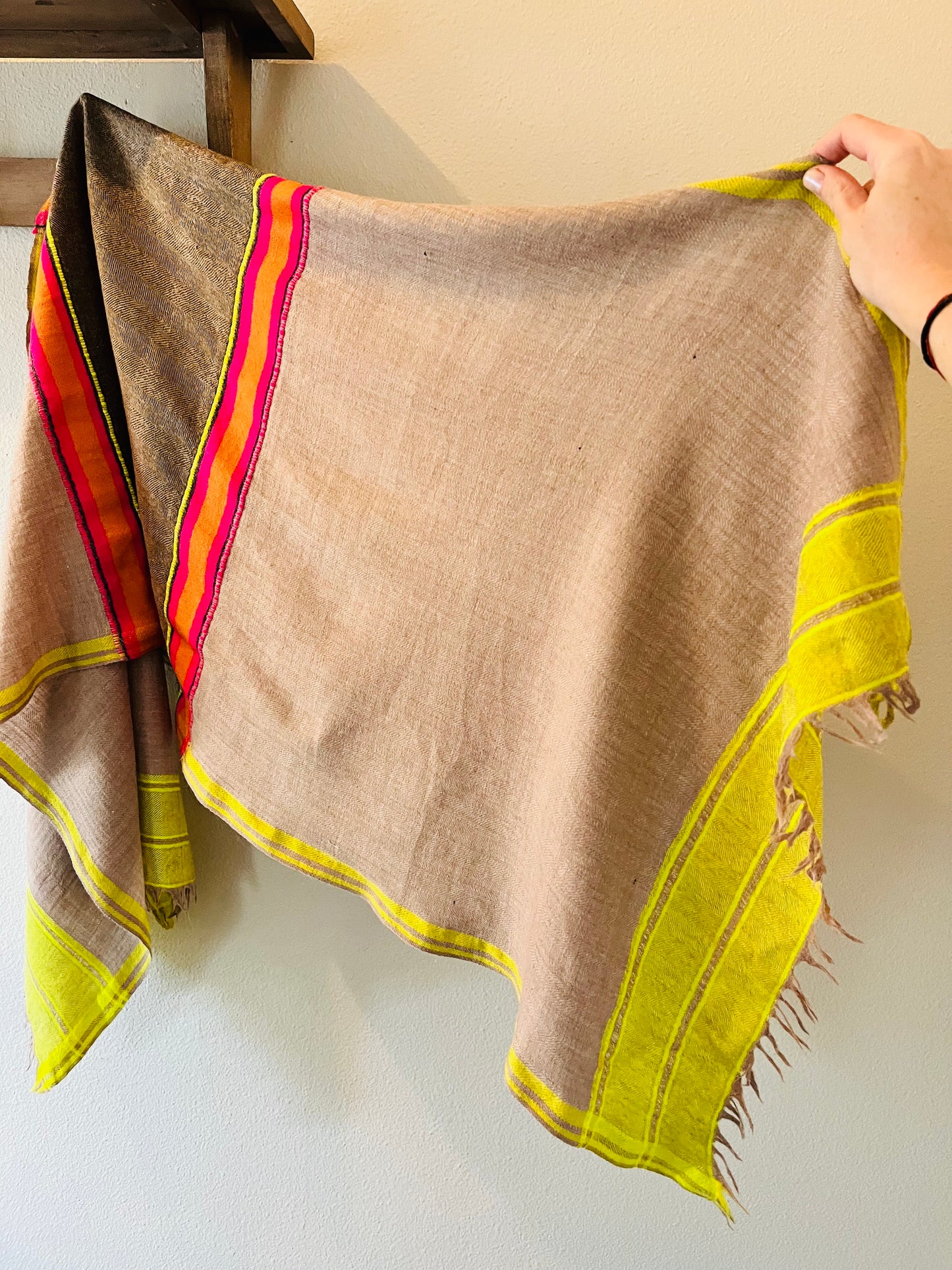 Brown Beige with Bold Pink Stripes with Neon Yellow Linework - Pashmina Cashmere Scarf