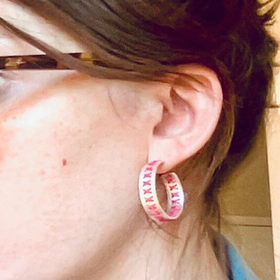 Whispering Threads - Pink Embroidered Silver Hoop Earring
