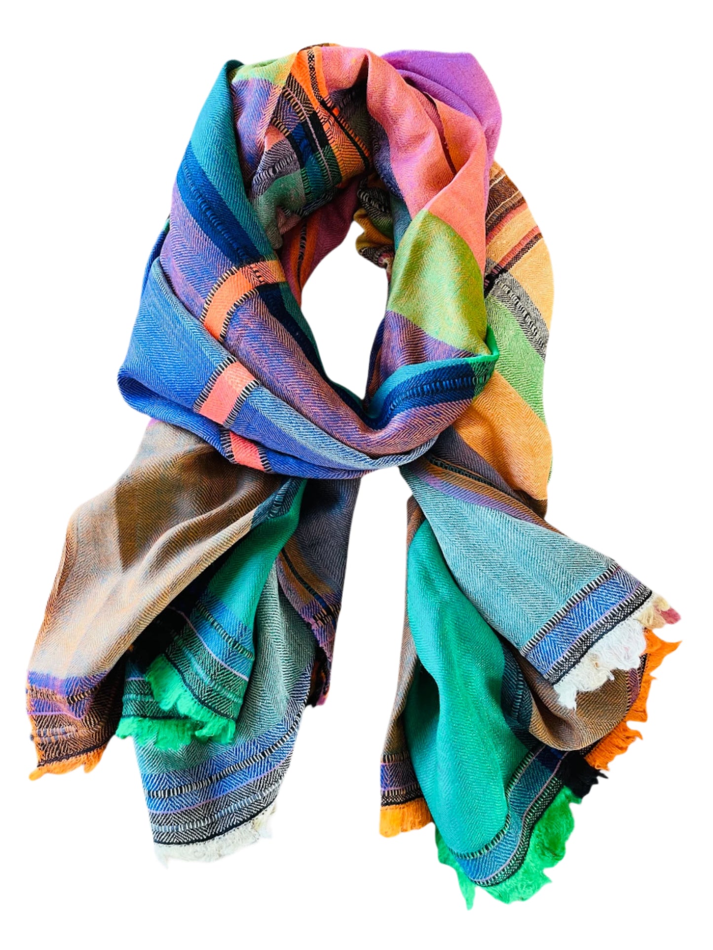 Bright Color Block Handloom Woven - Pashmina Wool Blend Cashmere Scarf