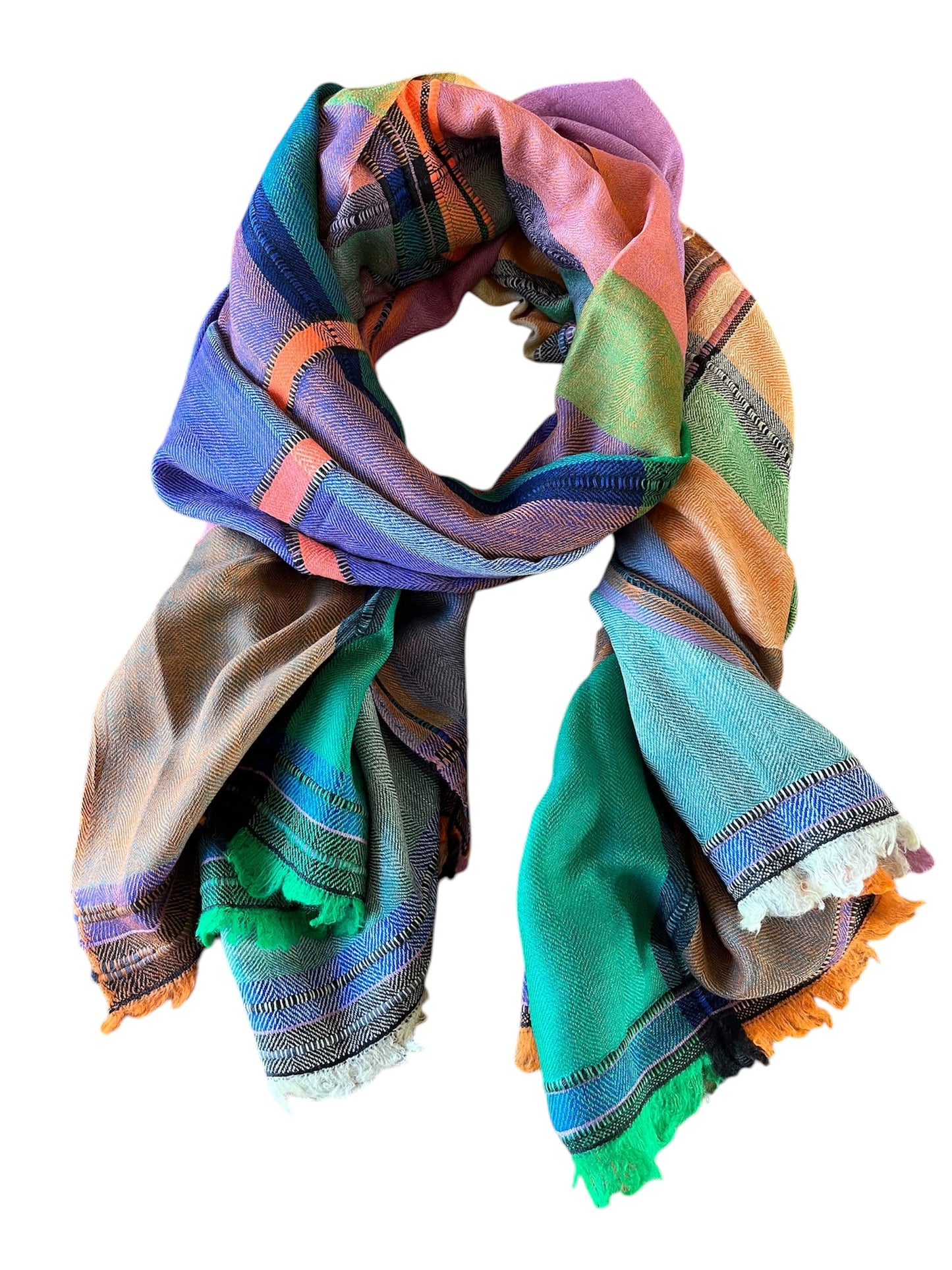 Bright Color Block Handloom Woven - Pashmina Wool Blend Cashmere Scarf