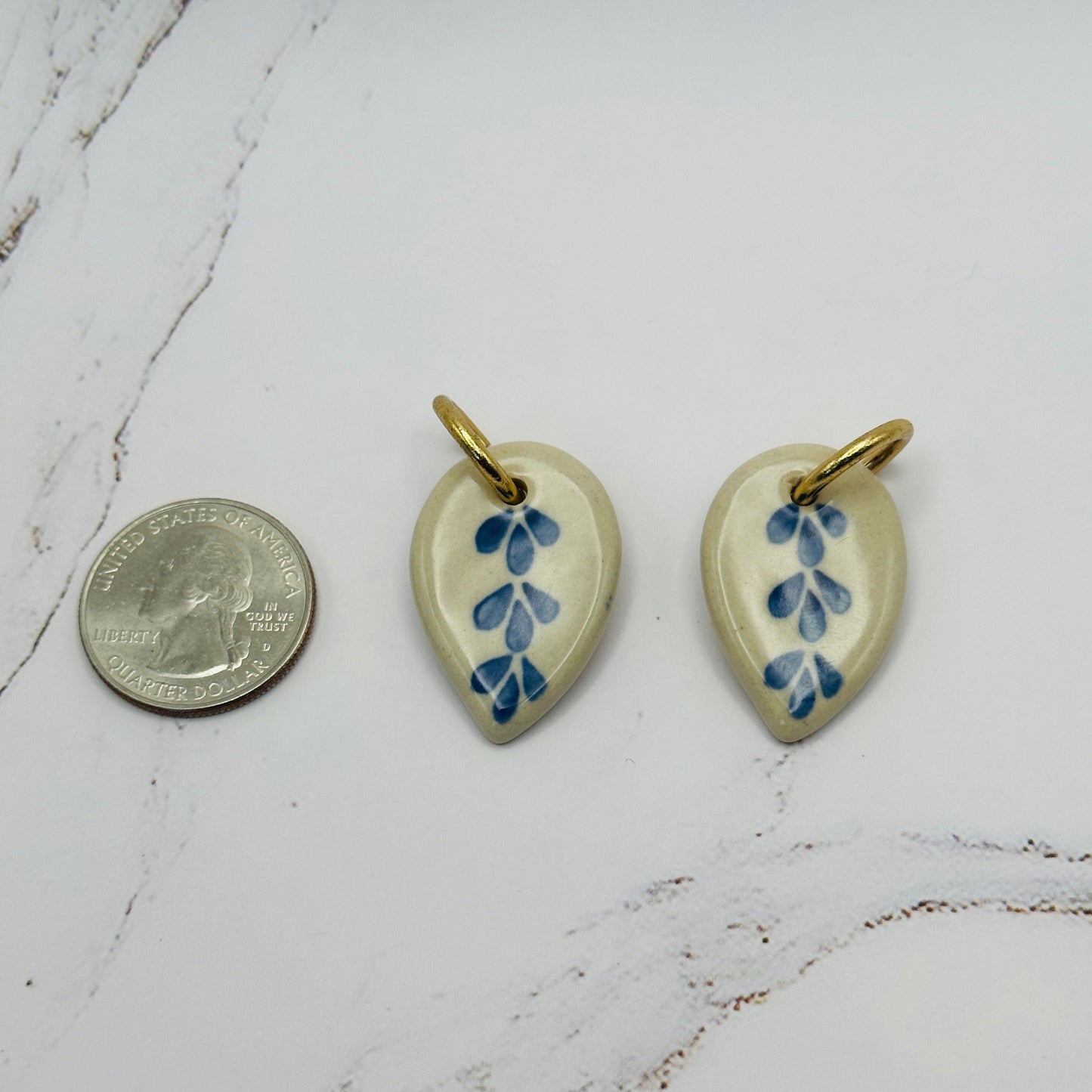 Blue Delft Ceramic Leaf Dangle Gold Earrings