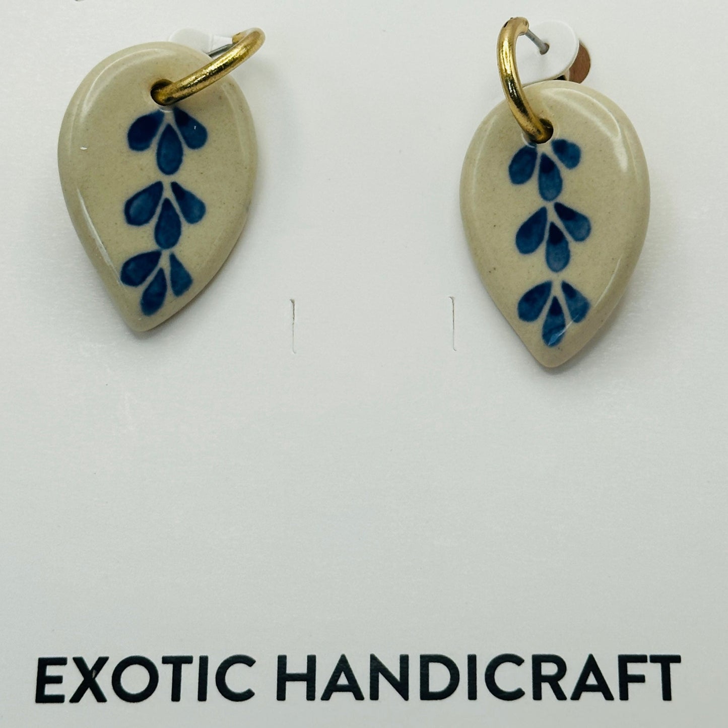 Blue Delft Ceramic Leaf Dangle Gold Earrings