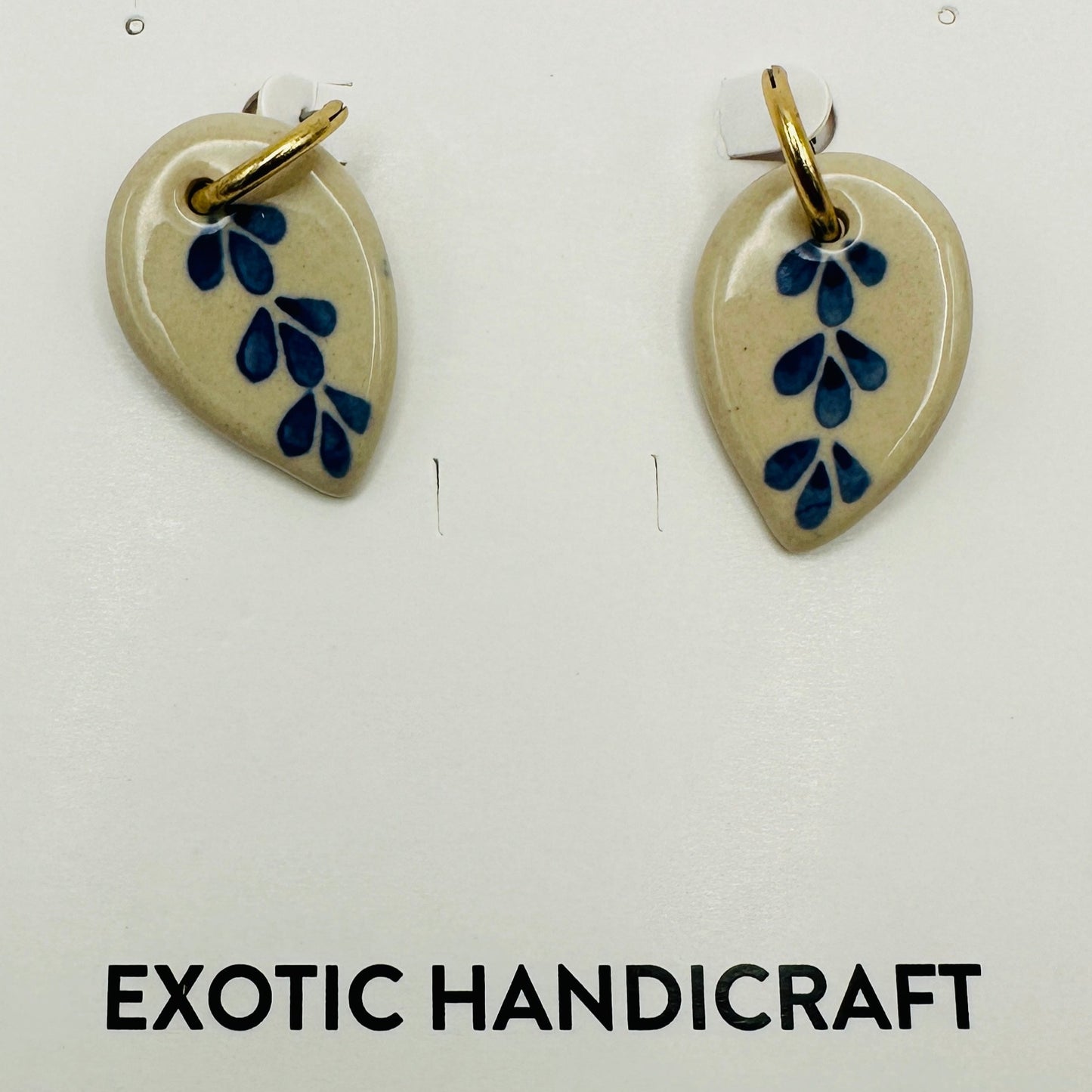 Blue Delft Ceramic Leaf Dangle Gold Earrings
