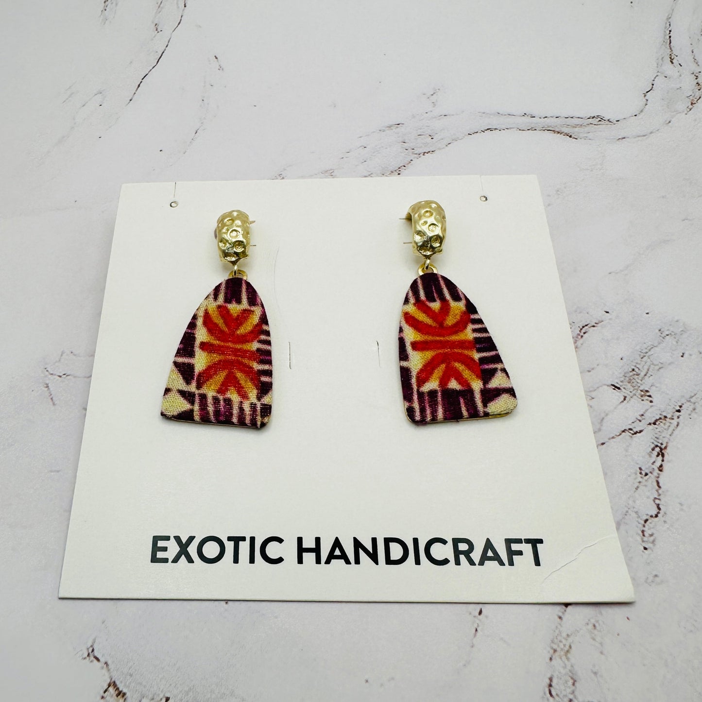 Printed Fabric Dangle Gold Earrings