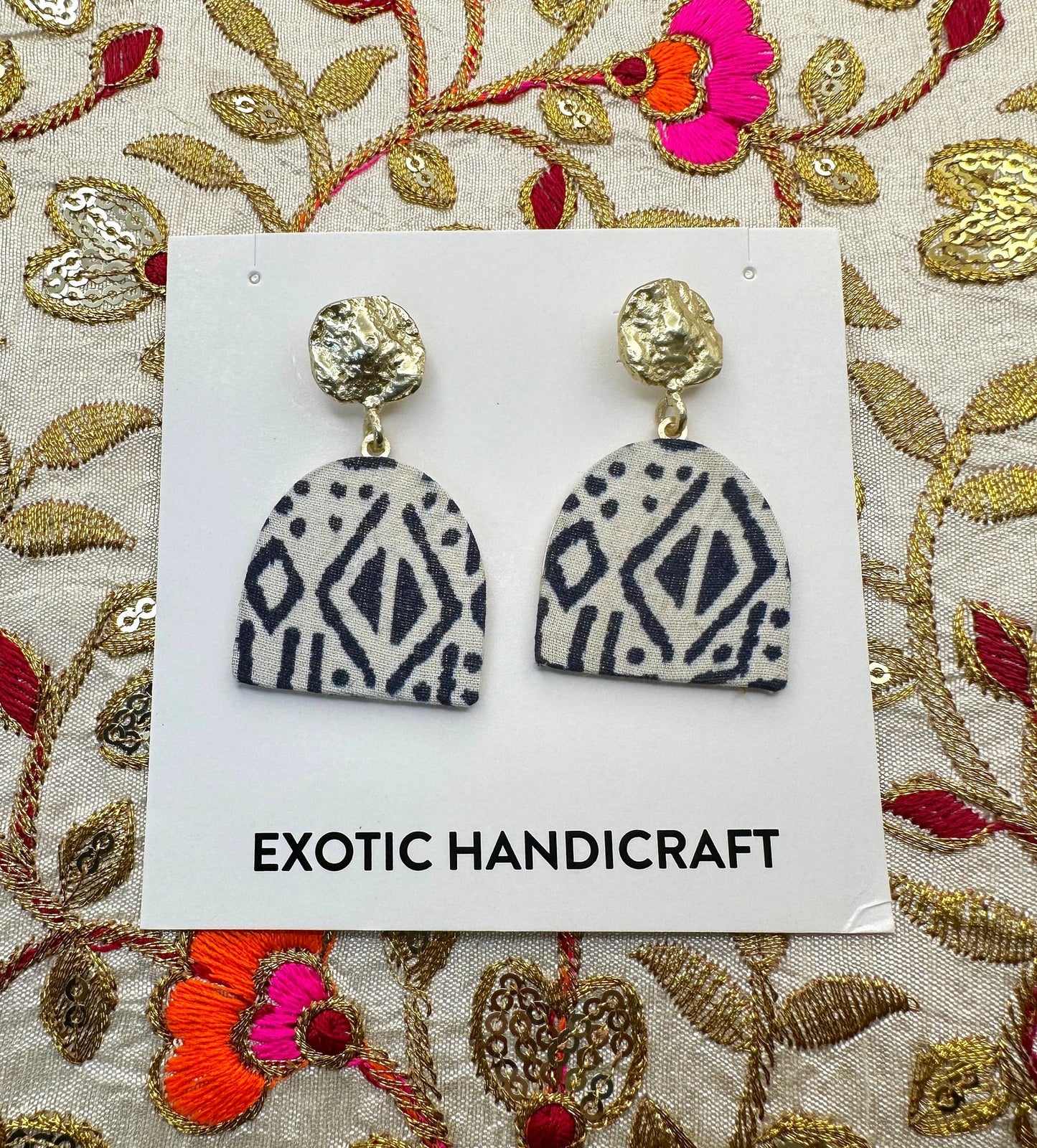 B&W Printed Fabric Dangle Gold Earrings