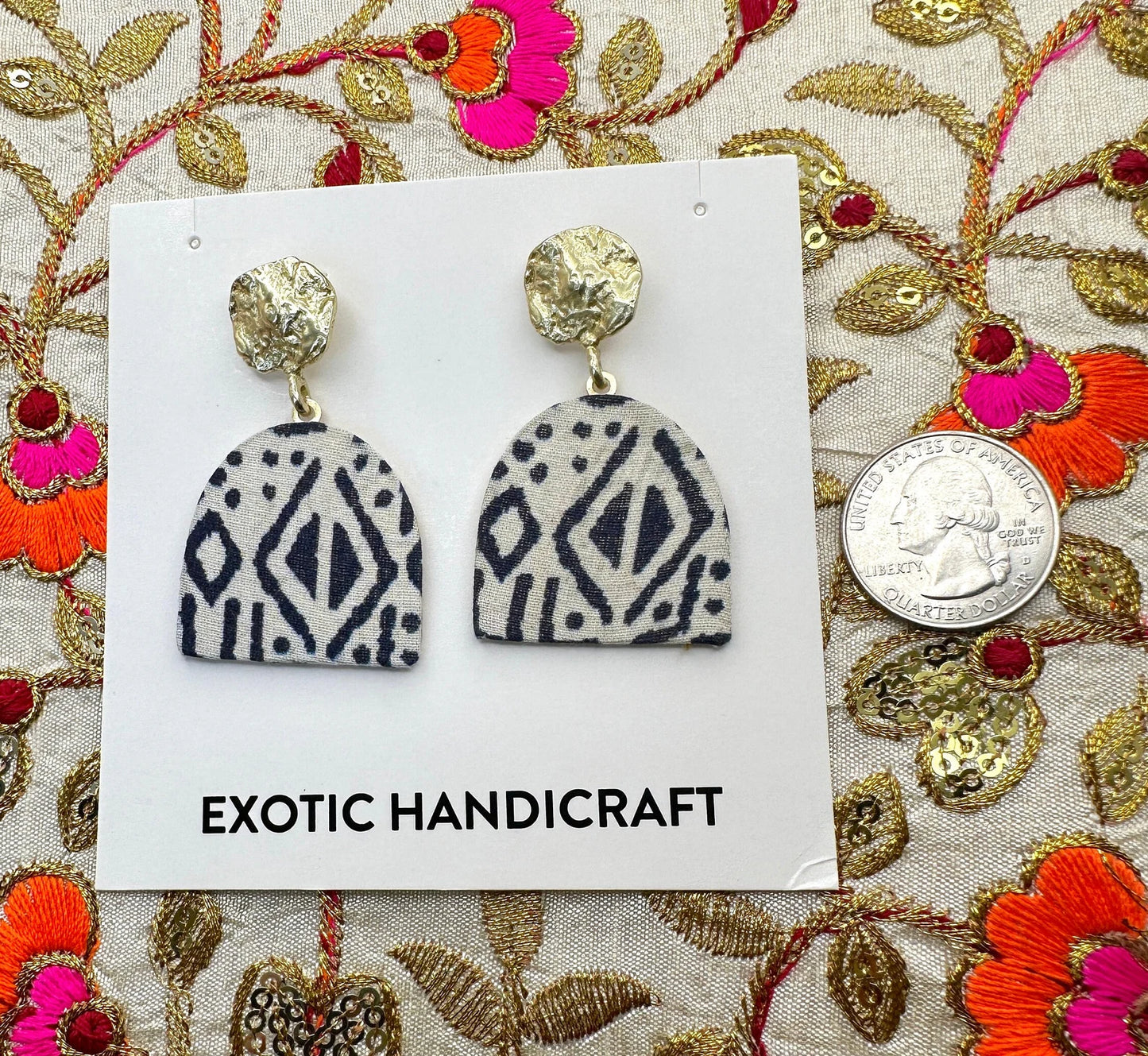 B&W Printed Fabric Dangle Gold Earrings