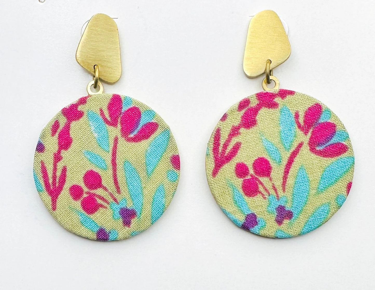 Printed Fabric Disc Dangle Gold Earrings