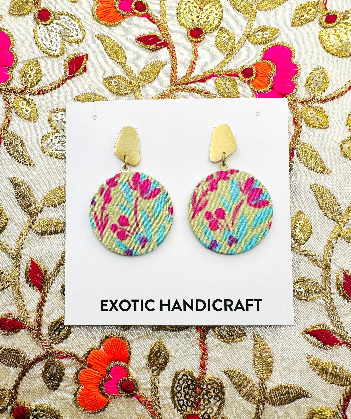 Printed Fabric Disc Dangle Gold Earrings
