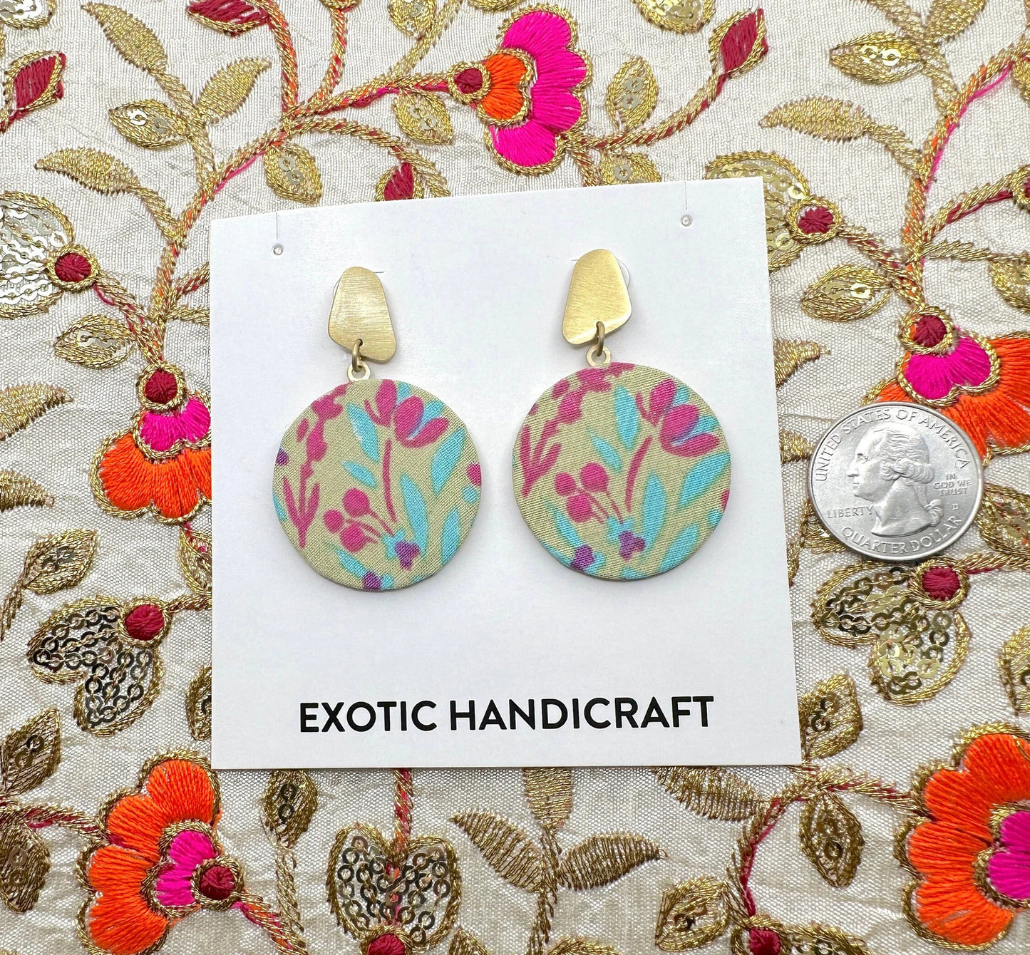 Printed Fabric Disc Dangle Gold Earrings