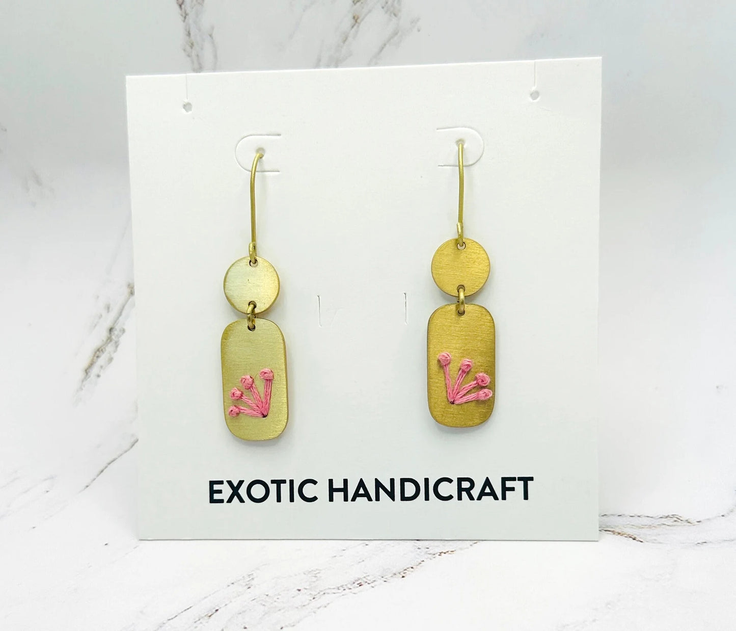 Pink Threaded Gold Geometric Dangle Earrings