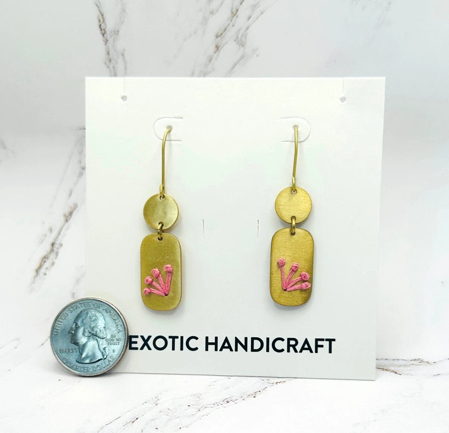 Pink Threaded Gold Geometric Dangle Earrings
