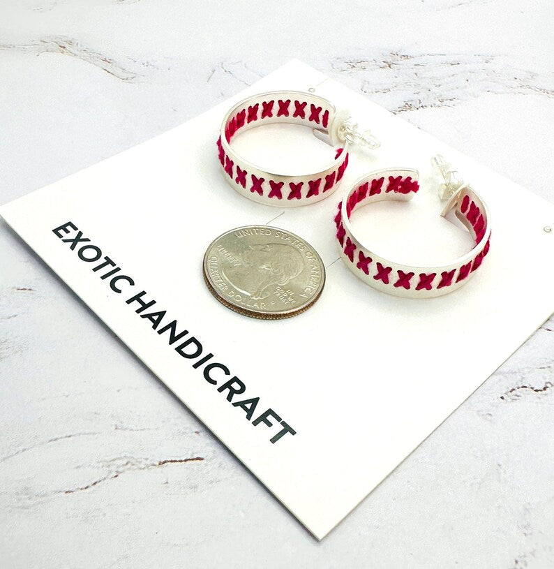 Whispering Threads - Pink Embroidered Silver Hoop Earring