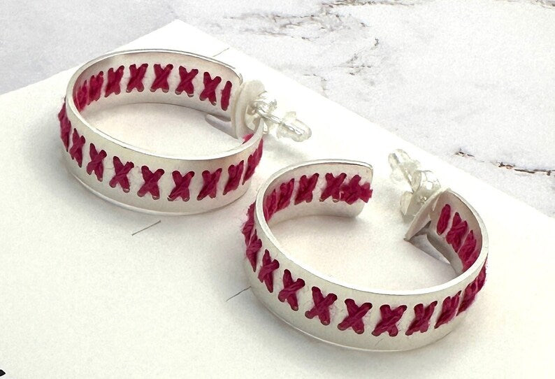 Whispering Threads - Pink Embroidered Silver Hoop Earring
