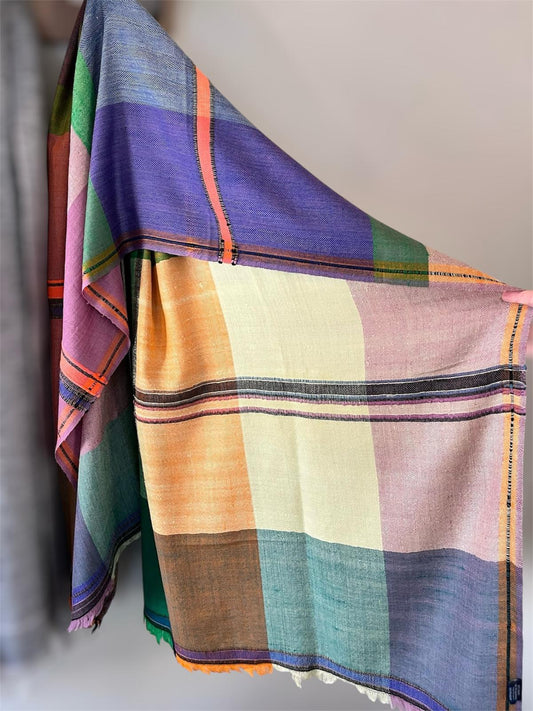 Bright Color Block Handloom Woven - Pashmina Wool Blend Cashmere Scarf