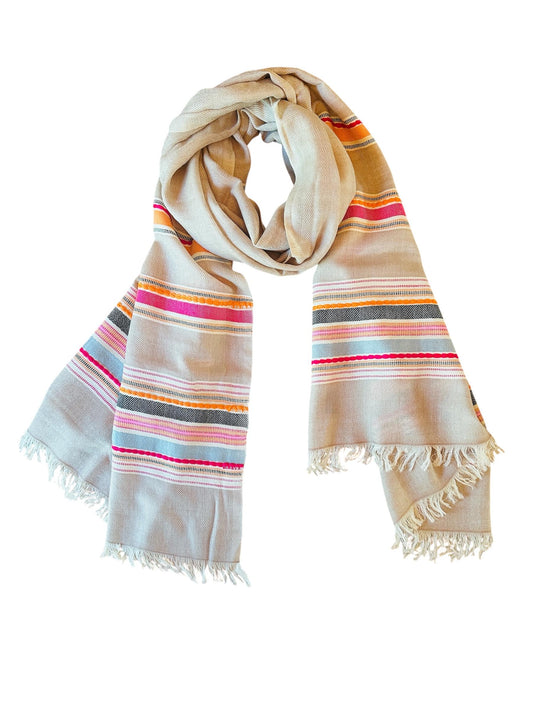Vibrant Pink Muti-Stripe Handloom Woven - Pashmina Wool Blend Cashmere Scarf