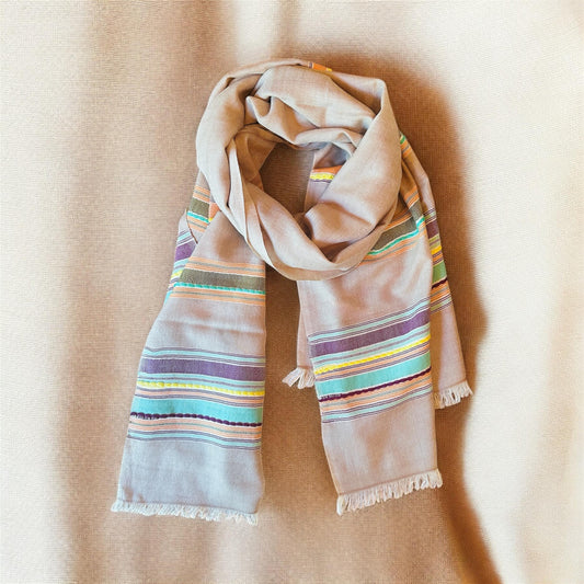 Beige with Purple & Blue Multi-Stripe Handloom Woven - Pashmina Wool Blend Cashmere Scarf