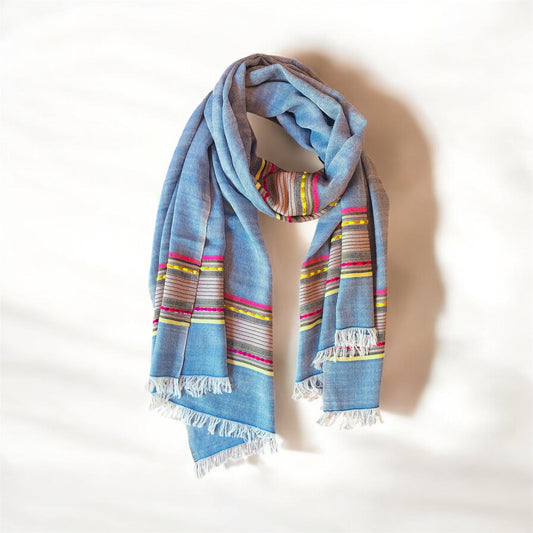 Light Blue with Multi-Stripe Handloom Woven - Pashmina Wool Blend Cashmere Scarf