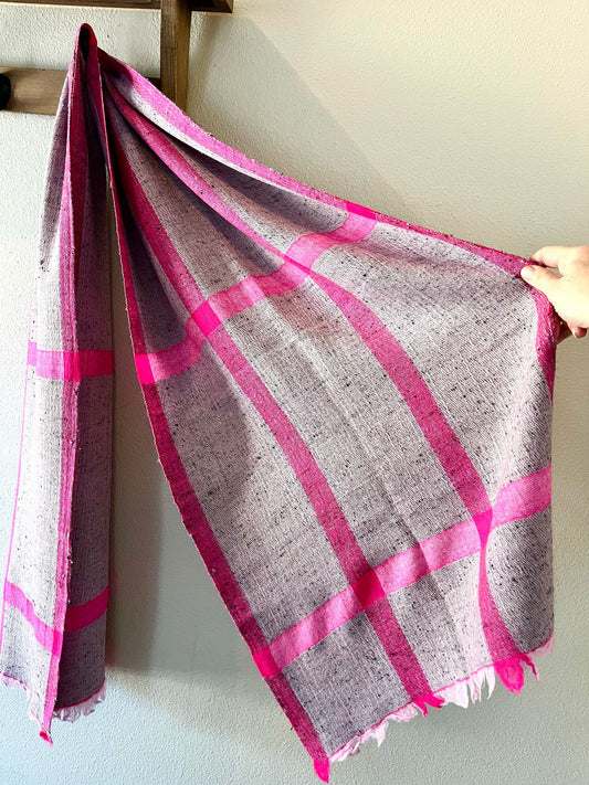 Gorgeous Pink-Gray with Vibrant Pink Linework Handloom Woven - Yak Wool Scarf