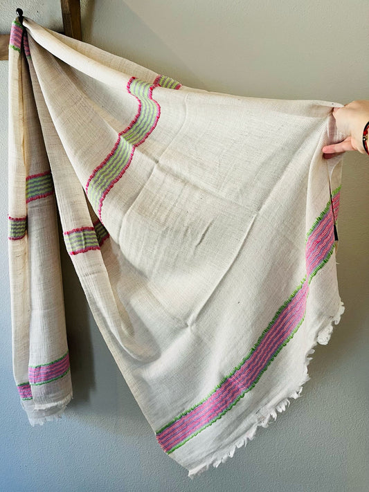 Cream White with Pink and Green Stripes Handloom Woven - Pashmina Cashmere Scarf