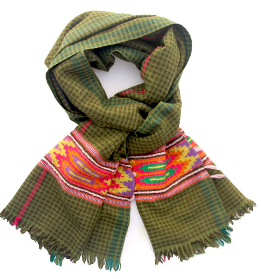 Green Black Plaid with Block Textile Handloom Woven - Yak Wool Blend Scarf